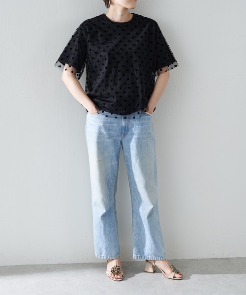 極美品 ビアズリー ドット柄刺繍 Tシャツ 黒地×白ドット ゆったり ゆるだ