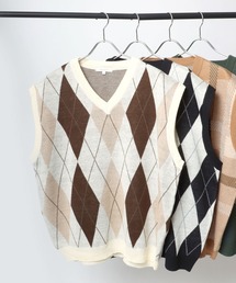 Salong hameu | ビッグシルエット チェック柄Vネックニットベスト(ベスト)
