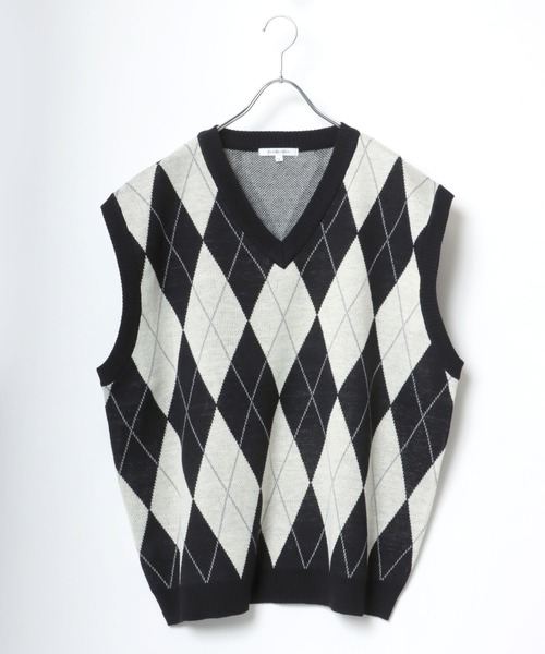 Salong hameu（サロン ハミュー）の「ビッグシルエット チェック柄Vネックニットベスト（ベスト・メンズ・ホワイト系その他/ブラック系その他/ブラウン系その他/ベージュ系その他・M/L）」の3枚目の写真