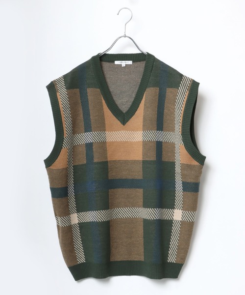 Salong hameu（サロン ハミュー）の「ビッグシルエット チェック柄Vネックニットベスト（ベスト・メンズ・ホワイト系その他/ブラック系その他/ブラウン系その他/ベージュ系その他・M/L）」の4枚目の写真
