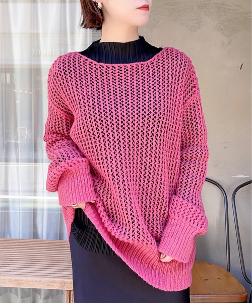 MAISON BREEZE（メゾンブリーズ）の「【MAISON BREEZE】ボートネック透かし編みメッシュニットトップス プルオーバー（ニット/セーター・レディース・ホワイト/ブラック/ベージュ/ピンク/グリーン・FREE）」の5枚目の写真