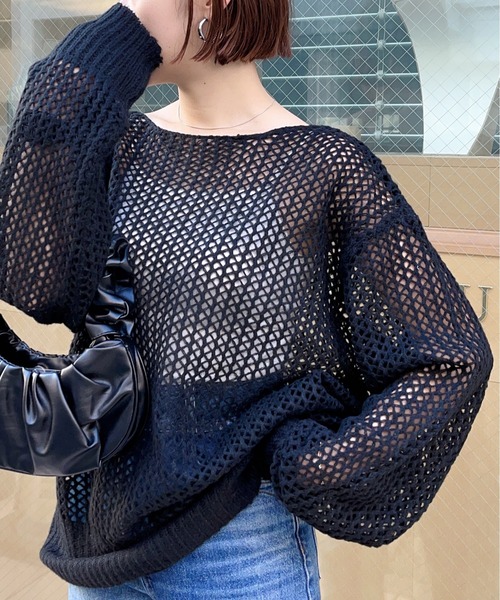 MAISON BREEZE（メゾンブリーズ）の「【MAISON BREEZE】ボートネック透かし編みメッシュニットトップス プルオーバー（ニット/セーター・レディース・ホワイト/ブラック/ベージュ/ピンク/グリーン・FREE）」の3枚目の写真