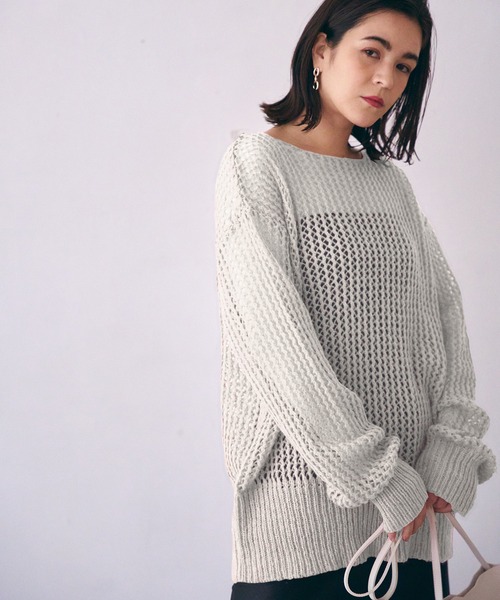 MAISON BREEZE（メゾンブリーズ）の「【MAISON BREEZE】ボートネック透かし編みメッシュニットトップス プルオーバー（ニット/セーター・レディース・ホワイト/ブラック/ベージュ/ピンク/グリーン・FREE）」の7枚目の写真