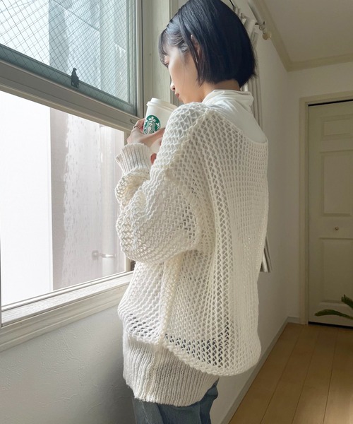 MAISON BREEZE（メゾンブリーズ）の「【MAISON BREEZE】ボートネック透かし編みメッシュニットトップス プルオーバー（ニット/セーター・レディース・ホワイト/ブラック/ベージュ/ピンク/グリーン・FREE）」の12枚目の写真