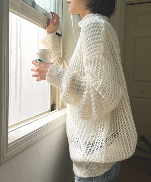 MAISON BREEZE（メゾンブリーズ）の「【MAISON BREEZE】ボートネック透かし編みメッシュニットトップス プルオーバー（ニット/セーター・レディース・ホワイト/ブラック/ベージュ/ピンク/グリーン・FREE）」の17枚目の写真