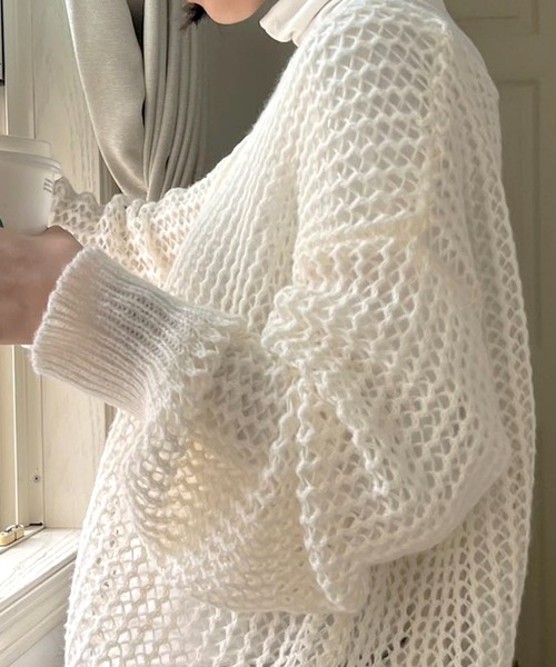 MAISON BREEZE（メゾンブリーズ）の「【MAISON BREEZE】ボートネック透かし編みメッシュニットトップス プルオーバー（ニット/セーター・レディース・ホワイト/ブラック/ベージュ/ピンク/グリーン・FREE）」の10枚目の写真