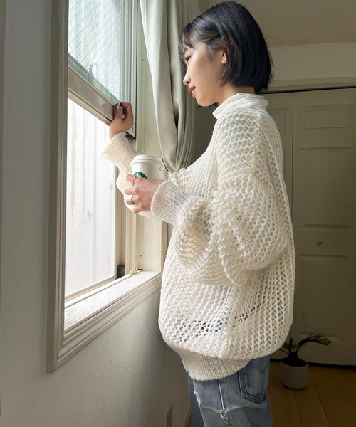 MAISON BREEZE（メゾンブリーズ）の「【MAISON BREEZE】ボートネック透かし編みメッシュニットトップス プルオーバー（ニット/セーター・レディース・ホワイト/ブラック/ベージュ/ピンク/グリーン・FREE）」の13枚目の写真