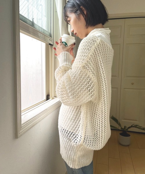 MAISON BREEZE（メゾンブリーズ）の「【MAISON BREEZE】ボートネック透かし編みメッシュニットトップス プルオーバー（ニット/セーター・レディース・ホワイト/ブラック/ベージュ/ピンク/グリーン・FREE）」の15枚目の写真