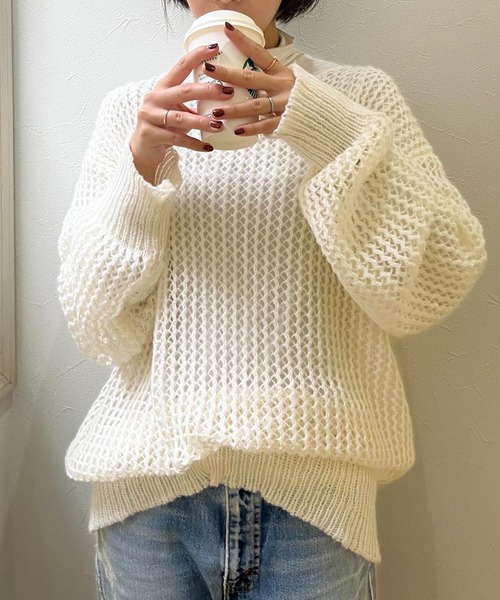 MAISON BREEZE（メゾンブリーズ）の「【MAISON BREEZE】ボートネック透かし編みメッシュニットトップス プルオーバー（ニット/セーター・レディース・ホワイト/ブラック/ベージュ/ピンク/グリーン・FREE）」の11枚目の写真