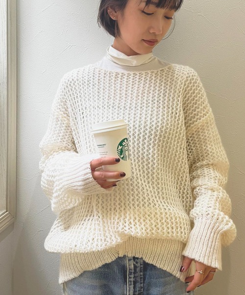 MAISON BREEZE（メゾンブリーズ）の「【MAISON BREEZE】ボートネック透かし編みメッシュニットトップス プルオーバー（ニット/セーター・レディース・ホワイト/ブラック/ベージュ/ピンク/グリーン・FREE）」の16枚目の写真