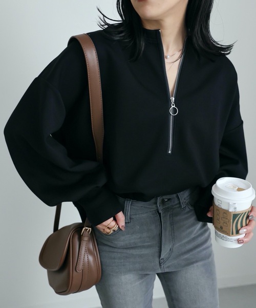 ap retro(アプレトロ)の「ハーフジップダンボールプルオーバー /トレーナー/スウェット(スウェット・レディース・アイボリー/ブラック/杢グレー・FREE)」の5枚目の写真