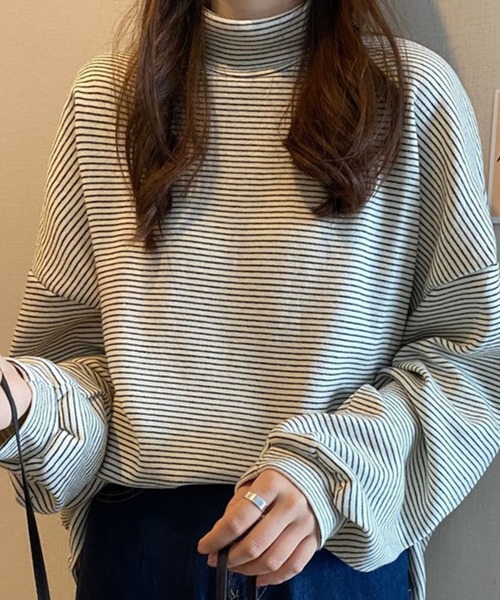 Chaco closet（チャコ クローゼット）の「ミジンボーダーハイネックオーバーサイズロングTシャツ（Tシャツ/カットソー・レディース・ブラック/ホワイト/ブラウン/グリーン/ネイビー・FREE）」の20枚目の写真