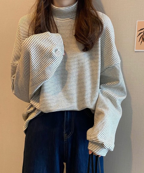 Chaco closet（チャコ クローゼット）の「ミジンボーダーハイネックオーバーサイズロングTシャツ（Tシャツ/カットソー・レディース・ブラック/ホワイト/ブラウン/グリーン/ネイビー・FREE）」の15枚目の写真