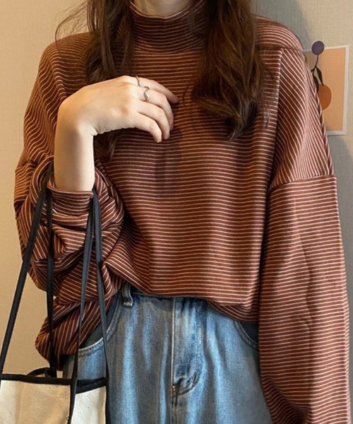 Chaco closet（チャコ クローゼット）の「ミジンボーダーハイネックオーバーサイズロングTシャツ（Tシャツ/カットソー・レディース・ブラック/ホワイト/ブラウン/グリーン/ネイビー・FREE）」の19枚目の写真