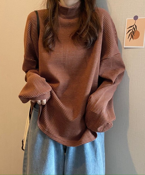 Chaco closet（チャコ クローゼット）の「ミジンボーダーハイネックオーバーサイズロングTシャツ（Tシャツ/カットソー・レディース・ブラック/ホワイト/ブラウン/グリーン/ネイビー・FREE）」の14枚目の写真