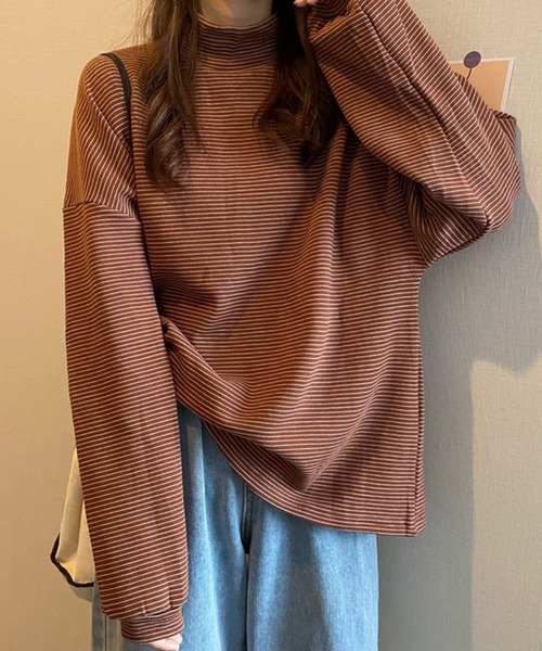 Chaco closet（チャコ クローゼット）の「ミジンボーダーハイネックオーバーサイズロングTシャツ（Tシャツ/カットソー・レディース・ブラック/ホワイト/ブラウン/グリーン/ネイビー・FREE）」の17枚目の写真