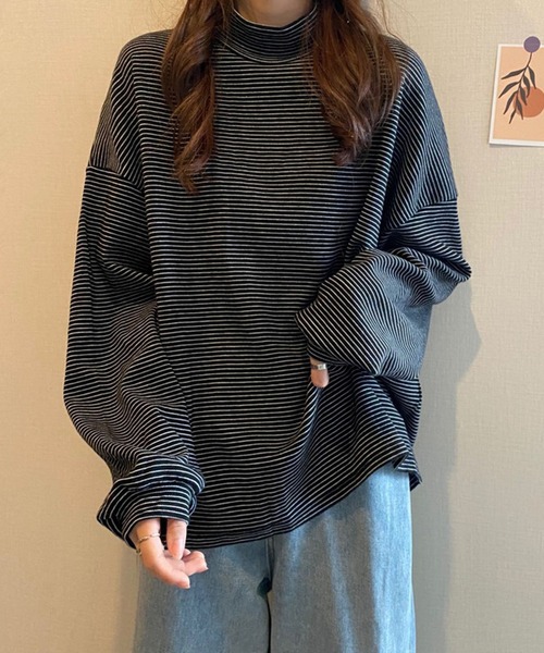 Chaco closet（チャコ クローゼット）の「ミジンボーダーハイネックオーバーサイズロングTシャツ（Tシャツ/カットソー・レディース・ブラック/ホワイト/ブラウン/グリーン/ネイビー・FREE）」の10枚目の写真