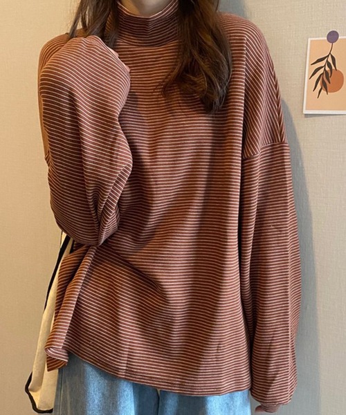 Chaco closet（チャコ クローゼット）の「ミジンボーダーハイネックオーバーサイズロングTシャツ（Tシャツ/カットソー・レディース・ブラック/ホワイト/ブラウン/グリーン/ネイビー・FREE）」の8枚目の写真