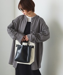 【forksy.】ノーカラースリーブギャザーデザインシャツ