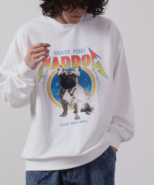 MODISH GAZE（モディシュガゼ）の「MODISH GAZE 裏毛 クルーネック 長袖 BIG スウェット MAD DOG（スウェット・メンズ・ブラック/オフホワイト/チャコール/杢グレー・M/L）」の2枚目の写真