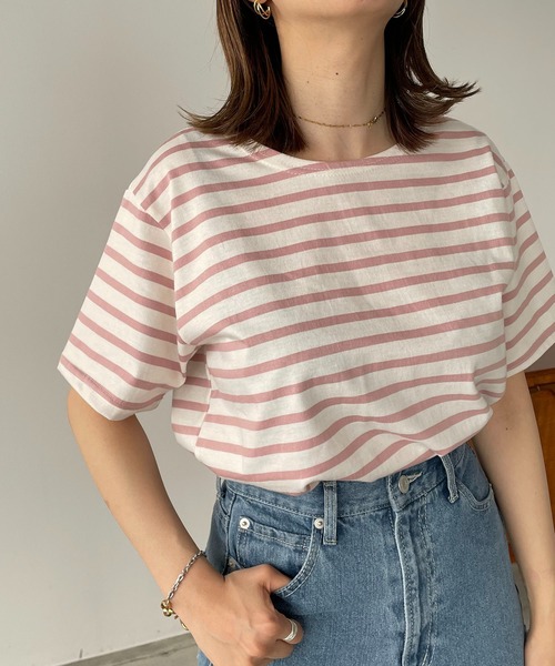 210nouve（トゥージュヌーブ）の「カラーボーダーハーフスリーブTシャツ（Tシャツ/カットソー・レディース・ブラック/サックスブルー/ピンク/ベージュ/ミント・FREE）」の5枚目の写真