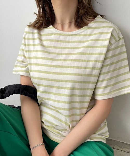 210nouve（トゥージュヌーブ）の「カラーボーダーハーフスリーブTシャツ（Tシャツ/カットソー・レディース・ブラック/サックスブルー/ピンク/ベージュ/ミント・FREE）」の3枚目の写真