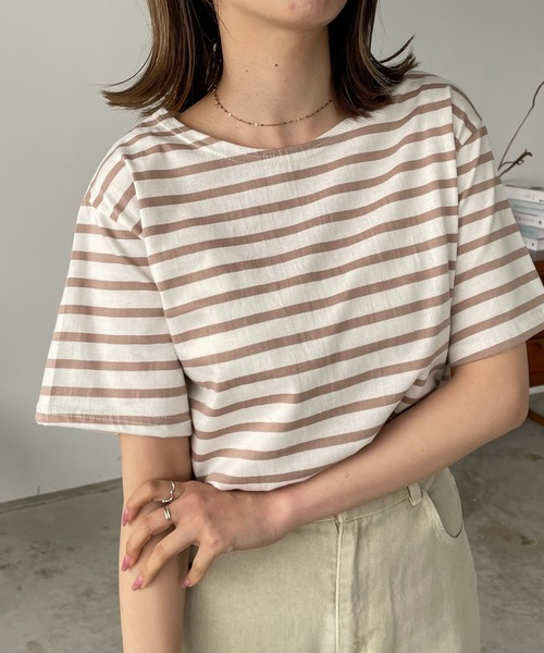 210nouve（トゥージュヌーブ）の「カラーボーダーハーフスリーブTシャツ（Tシャツ/カットソー・レディース・ブラック/サックスブルー/ピンク/ベージュ/ミント・FREE）」の20枚目の写真