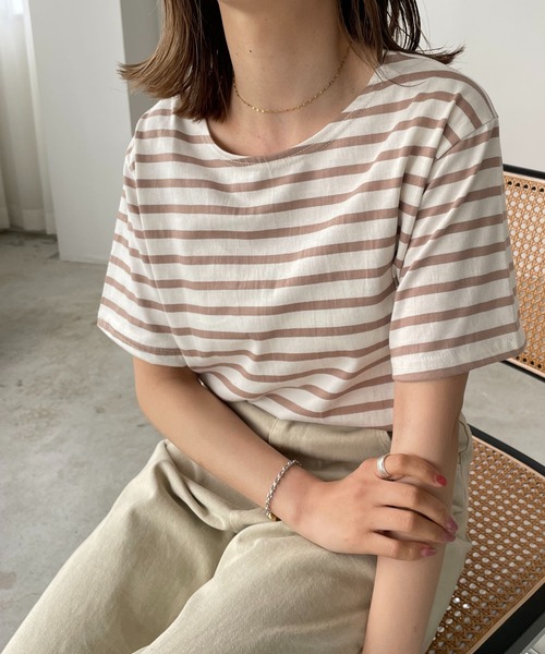 210nouve（トゥージュヌーブ）の「カラーボーダーハーフスリーブTシャツ（Tシャツ/カットソー・レディース・ブラック/サックスブルー/ピンク/ベージュ/ミント・FREE）」の7枚目の写真