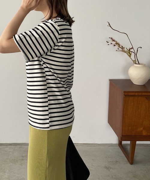 210nouve（トゥージュヌーブ）の「カラーボーダーハーフスリーブTシャツ（Tシャツ/カットソー・レディース・ブラック/サックスブルー/ピンク/ベージュ/ミント・FREE）」の6枚目の写真