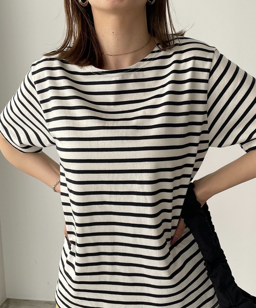 210nouve（トゥージュヌーブ）の「カラーボーダーハーフスリーブTシャツ（Tシャツ/カットソー・レディース・ブラック/サックスブルー/ピンク/ベージュ/ミント・FREE）」の19枚目の写真
