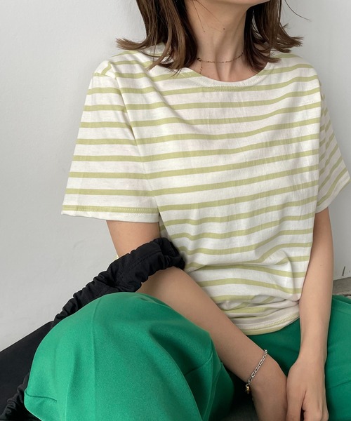 210nouve（トゥージュヌーブ）の「カラーボーダーハーフスリーブTシャツ（Tシャツ/カットソー・レディース・ブラック/サックスブルー/ピンク/ベージュ/ミント・FREE）」の15枚目の写真