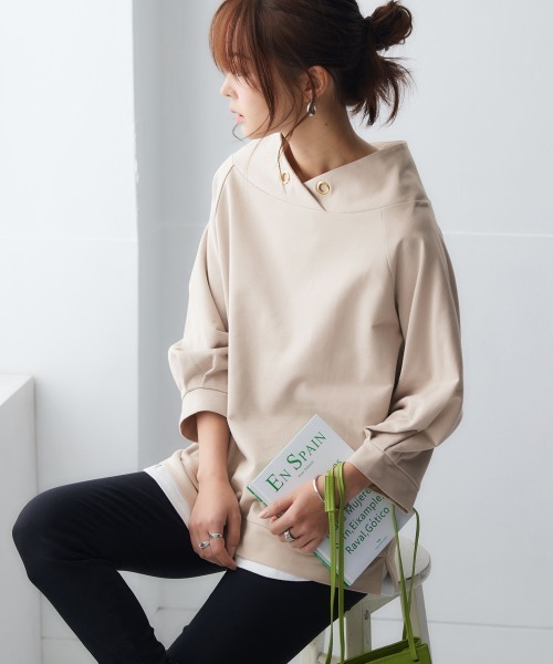 nissen(ニッセン)の「裏毛7分袖立ち衿プルオーバー(Tシャツ/カットソー・レディース・ブラック/ライトベージュ/ブルーグレー/チャコールグレー/ライトカーキ/ネイビー/サンドベージュ・S/M/L/LL)」の4枚目の写真