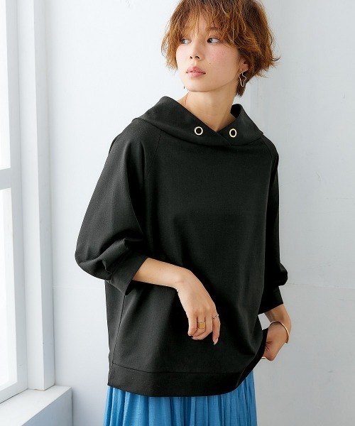 nissen(ニッセン)の「裏毛7分袖立ち衿プルオーバー(Tシャツ/カットソー・レディース・ブラック/ライトベージュ/ブルーグレー/チャコールグレー/ライトカーキ/ネイビー/サンドベージュ・S/M/L/LL)」の1枚目の写真