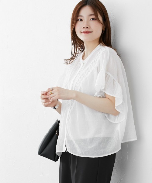 nissen(ニッセン)の「バンドカラー フリル袖V字切替ブラウス(シャツ/ブラウス・レディース・ブラック/オフホワイト・M/L)」の18枚目の写真