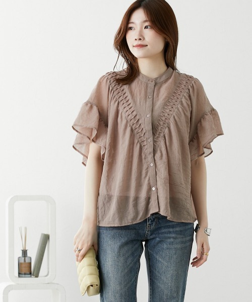 nissen(ニッセン)の「バンドカラー フリル袖V字切替ブラウス(シャツ/ブラウス・レディース・ブラック/オフホワイト・M/L)」の19枚目の写真