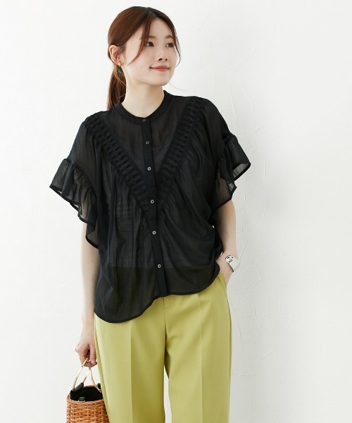 nissen(ニッセン)の「バンドカラー フリル袖V字切替ブラウス(シャツ/ブラウス・レディース・ブラック/オフホワイト・M/L)」の14枚目の写真