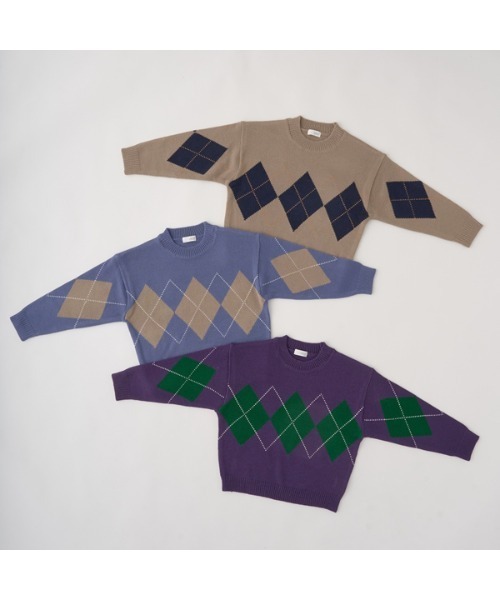 b・ROOM(ビールーム)の「【マシーンウォッシャブル対応】アーガイルセーター(ニット/セーター・キッズ・グレイッシュブルー/パープル/ベージュ・MEDIUM/LARGE)」の4枚目の写真