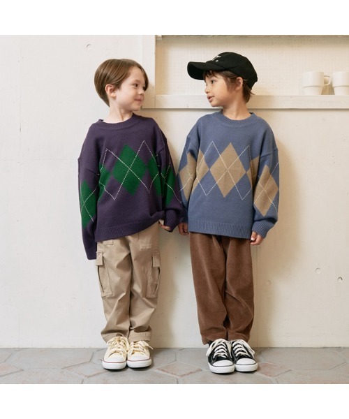 b・ROOM(ビールーム)の「【マシーンウォッシャブル対応】アーガイルセーター(ニット/セーター・キッズ・グレイッシュブルー/パープル/ベージュ・MEDIUM/LARGE)」の15枚目の写真