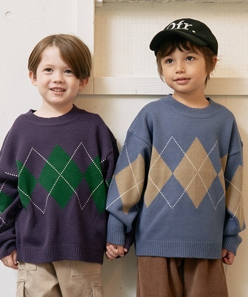 b・ROOM(ビールーム)の「【マシーンウォッシャブル対応】アーガイルセーター(ニット/セーター・キッズ・グレイッシュブルー/パープル/ベージュ・MEDIUM/LARGE)」の16枚目の写真