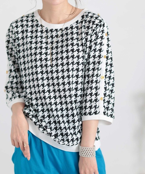 Sawa a la mode(サワアラモード)の「千鳥格子柄トップス(Tシャツ/カットソー・レディース・ホワイト・FREE)」の1枚目の写真