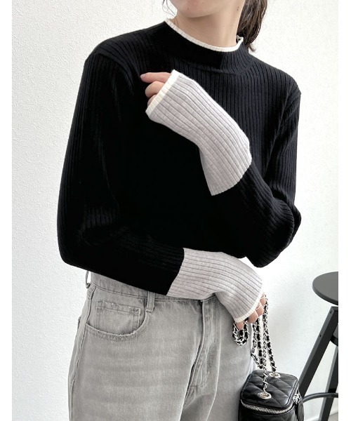 Re:EDIT（リエディ）の「[2023A/W COLLECTION]プチハイネック配色デザインリブニットトップス（ニット/セーター・レディース・アイボリー/ブラック/ネイビー/グレー/キャメル/ブラウン・MEDIUM/LARGE）」の11枚目の写真