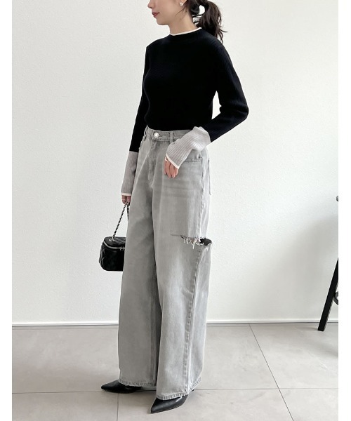 Re:EDIT（リエディ）の「[2023A/W COLLECTION]プチハイネック配色デザインリブニットトップス（ニット/セーター・レディース・アイボリー/ブラック/ネイビー/グレー/キャメル/ブラウン・MEDIUM/LARGE）」の12枚目の写真