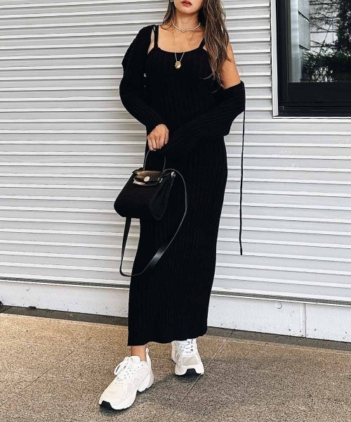 esutoreja（エストレジャ）の「カーディガンロングニットワンピース（ワンピース・レディース・ベージュ/ブラック・FREE）」の2枚目の写真
