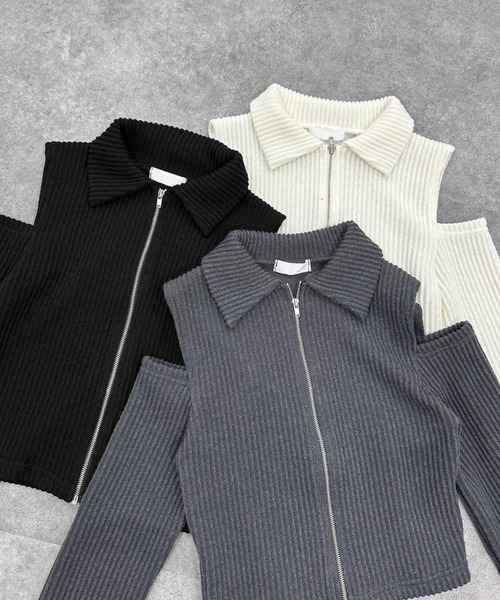 LVEU.(ラブユ.)の「【LVEU.】ショルダーカットアウトフロントジップトップス / トップス 襟付き リブ カットアウト ジップ フロントファスナー クロップド ショート丈 ブラック アイボリー グレー(Tシャツ/カットソー・レディース・ブラック/アイボリー/グレー・FREE)」の7枚目の写真