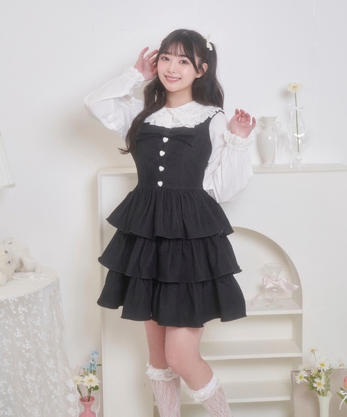 Honey Cinnamon(ハニーシナモン)の「デニム3段ジャンパースカート(ジャンパースカート・レディース・インディゴブルー/ブラック・FREE)」の6枚目の写真