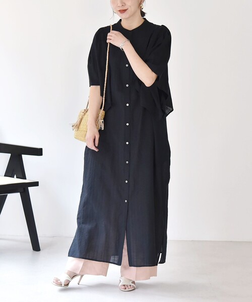 quaranciel（カランシエル）の「quaranciel:〈手洗い可能〉ストライプ ジャカード フレアスリーブ シアー シャツワンピース（シャツワンピース・レディース・ライトブルー/ブラック・ONE SIZE）」の2枚目の写真
