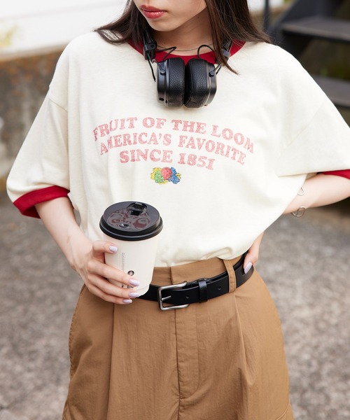 FRUIT OF THE LOOM（フルーツオブザルーム）の「【FRUIT OF THE LOOM】UNISEXリンガーTシャツ※（Tシャツ/カットソー・メンズ・グレー/サックスブルー/アイボリー/パープル/アイボリー系2/グリーン・L/XL/M）」の2枚目の写真