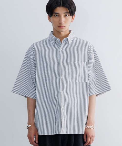 メンズ ストライプシャツ 大きめ 刺しゅう 肩落ち ルーズ N00517 Loose fit stripe shirts / ルーズフィットストライプシャツ