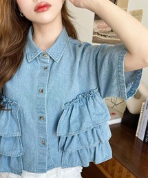 半袖ティアードフリルデニムシャツ