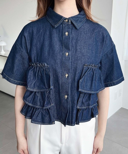 セール】半袖ティアードフリルデニムシャツ（シャツ/ブラウス
